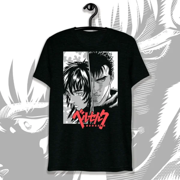 Vector de Guts y Casca del anime Berserk en blanco y negro, ideal para estampados personalizados en playeras y sudaderas.