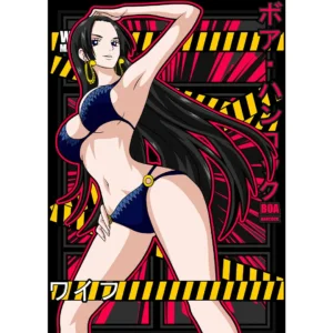 Vector al estilo waifu de Boa Hancock del anime One Piece en bikini azul, diseño exclusivo en formatos .ai y .png, ideal para estampados en camisetas, sudaderas y artículos personalizados. Incluye mockups de camisetas negras.