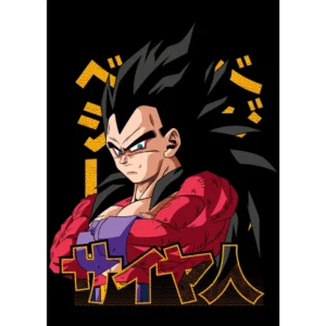 Vector de Vegeta SSJ4 en formato .ai y .png, ideal para estampar camisetas, sudaderas y artículos personalizados. Diseño inspirado en Dragon Ball GT con detalles vibrantes y calidad profesional.