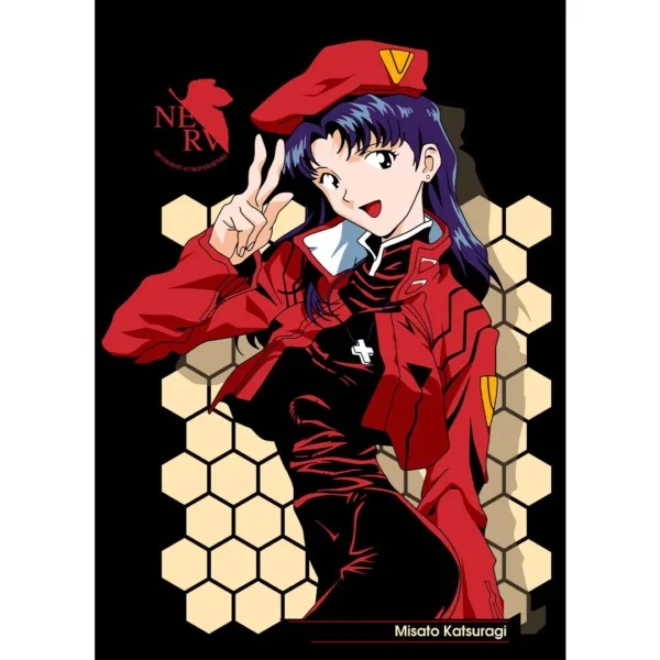 Vector de Misato Katsuragi de Neon Genesis Evangelion en formatos .AI y .PNG, con mockups de camisetas negras en fondo transparente, ideal para estampados personalizados y negocios de personalización.