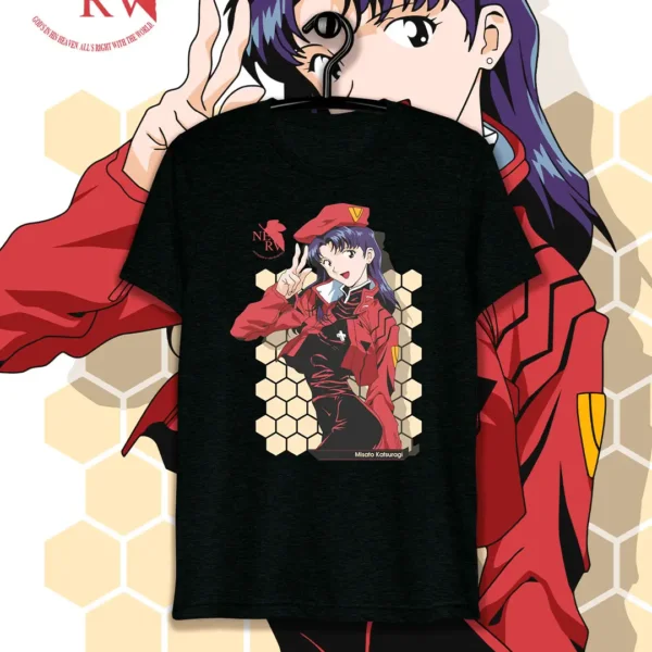 Vector de Misato Katsuragi de Neon Genesis Evangelion en formatos .AI y .PNG, con mockups de camisetas negras en fondo transparente, ideal para estampados personalizados y negocios de personalización.