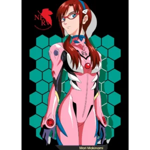 Vector de Mari Illustrious Makinami del anime Neon Genesis Evangelion en formato .ai y .png, ideal para estampados en camisetas, sudaderas y artículos personalizados, con mockups incluidos de camisetas negras.