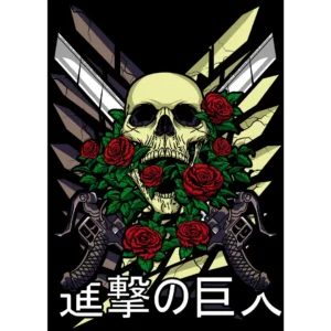 Vector de AOT Skull inspirado en Attack on Titan, ideal para estampados personalizados en camisetas y sudaderas. Diseño en formatos .ai y .png con mockups incluidos.