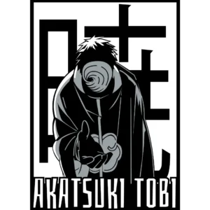 Vector de Tobi, personaje de Akatsuki del anime Naruto, en formatos .AI y .PNG, con mockups de playeras negras ideales para estampados personalizados.