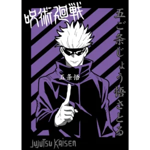 Vector de Satoru Gojo de Jujutsu Kaisen en alta calidad, ideal para estampados en playeras, sudaderas y más. Incluye maquetas de playeras negras con fondo transparente.