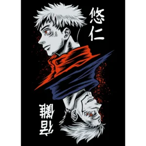 Vector de alta calidad Yuji Itadori vs Ryomen Sukuna del anime Jujutsu Kaisen en estilos contrastantes, ideal para estampados en playeras y artículos personalizados.