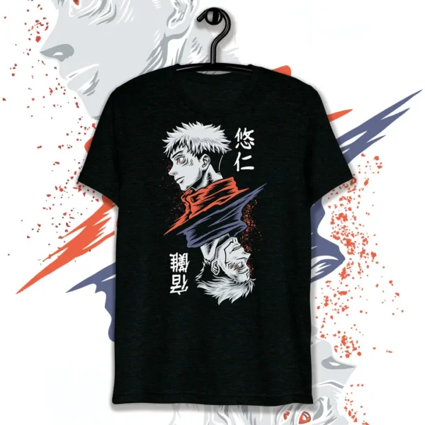 Vector de alta calidad Yuji Itadori vs Ryomen Sukuna del anime Jujutsu Kaisen en estilos contrastantes, ideal para estampados en playeras y artículos personalizados.