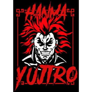 Vector de Hanma Yujiro de Baki the Grappler en colores rojo, negro y blanco, diseñado para estampar playeras, sudaderas y artículos personalizables.