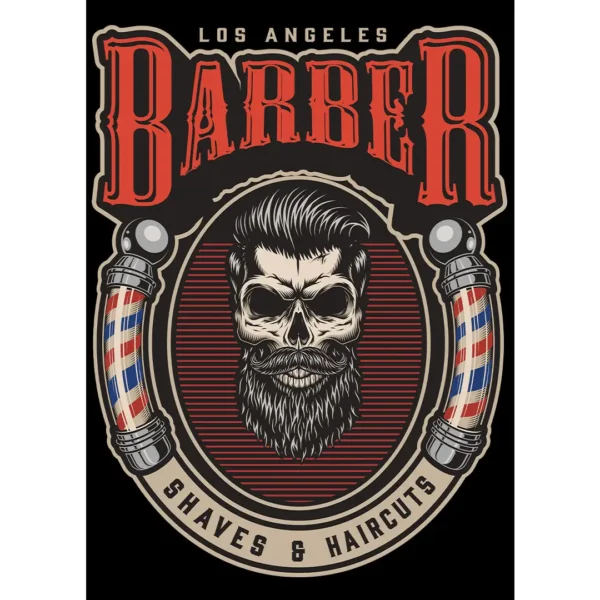 Vector exclusivo de Barber Shop con diseño de calavera estilizada, barba y detalles de barras de barbero, ideal para estampados en playeras y artículos personalizados.