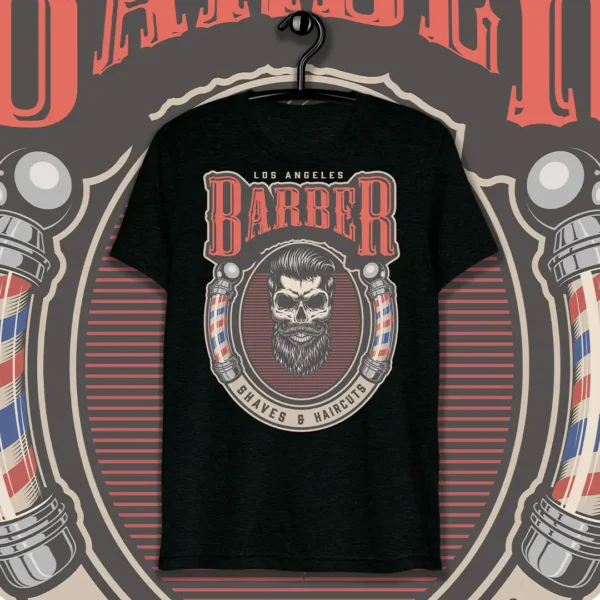 Vector exclusivo de Barber Shop con diseño de calavera estilizada, barba y detalles de barras de barbero, ideal para estampados en playeras y artículos personalizados.