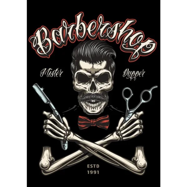 Vector de diseño para barberías en formatos .ai y .png, ideal para personalizar playeras, sudaderas y otros artículos. Incluye mockups de playeras negras con fondo transparente.