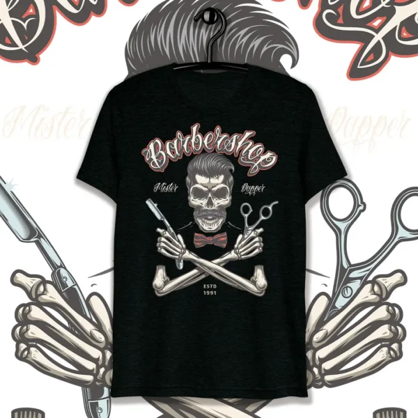 Vector de diseño para barberías en formatos .ai y .png, ideal para personalizar playeras, sudaderas y otros artículos. Incluye mockups de playeras negras con fondo transparente.