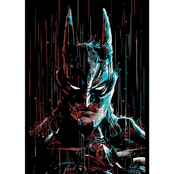 Vector de Batman bajo la lluvia en estilo oscuro y vibrante, ideal para estampados y sublimación en playeras, sudaderas y más. Formatos AI y PNG disponibles para descarga instantánea.