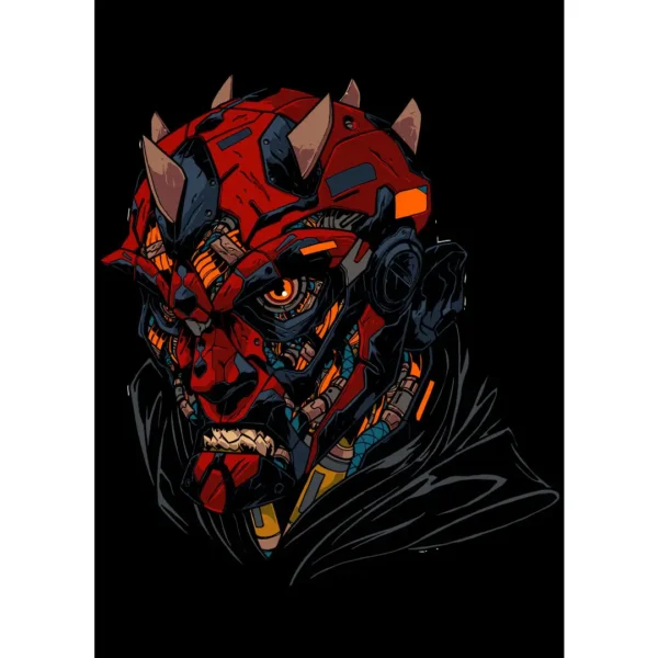 Vector de Darth Maul con estilo cyberpunk en formatos .ai y .png, ideal para estampados en playeras y sudaderas. Diseño detallado con mockups incluidos.