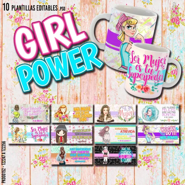 Pack de 10 plantillas editables para sublimación de tazas – Día de la Mujer | Diseños en PSD y PNG con frases de empoderamiento femenino | Descarga digital para emprendedores de personalización.