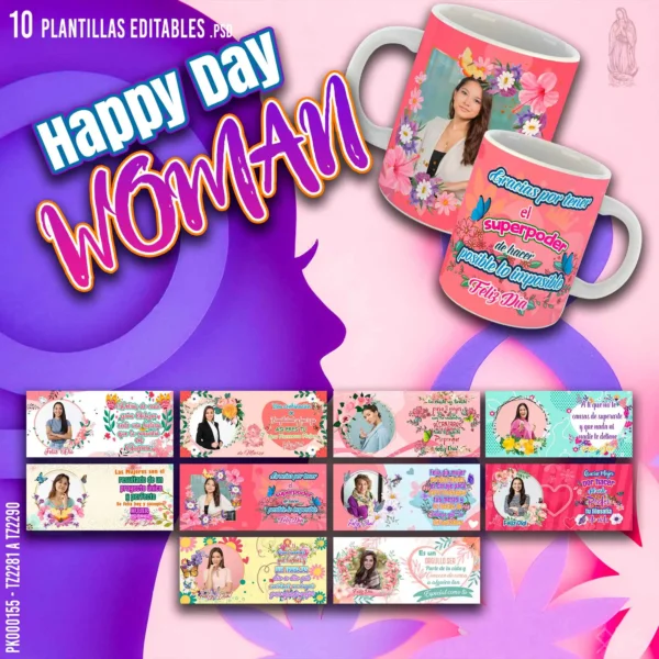 Pack de 10 plantillas editables para sublimación de tazas Día de la Mujer en formatos PSD y PNG con mockups incluidos