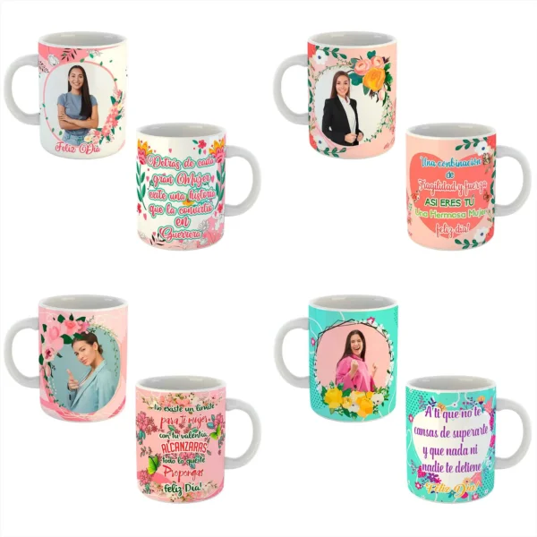 Pack de 10 plantillas editables para sublimación de tazas Día de la Mujer en formatos PSD y PNG con mockups incluidos