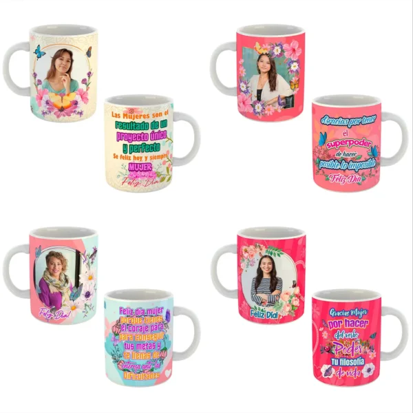 Pack de 10 plantillas editables para sublimación de tazas Día de la Mujer en formatos PSD y PNG con mockups incluidos