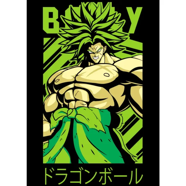 Vector de Broly de Dragon Ball en colores verdes y negros, diseñado para estampados en playeras y sudaderas. Formato AI y PNG con mockups incluidos.