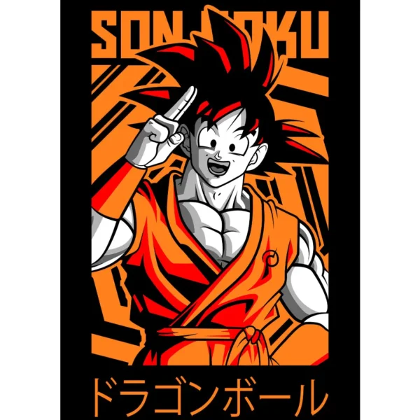 Vector de Goku inspirado en Dragon Ball en formatos .AI y .PNG, ideal para estampados en playeras, sudaderas y artículos personalizables. Incluye mockups de playeras negras con fondo transparente.