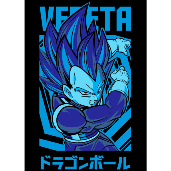 Vector de Vegeta Super Saiyajin Blue para estampado en playeras y sudaderas, diseño digital en formatos .AI y .PNG, listo para descargar y personalizar.