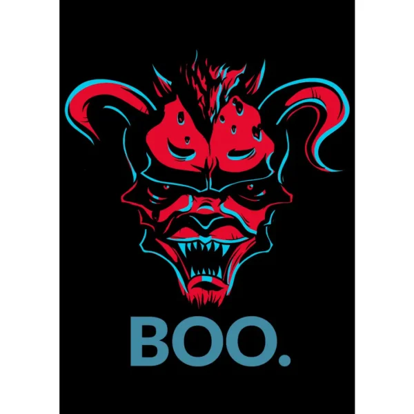 Diseño vectorial 'BOO' con un demonio rojo y azul, ideal para estampado en playeras y sudaderas. Descarga en formatos AI y PNG.
