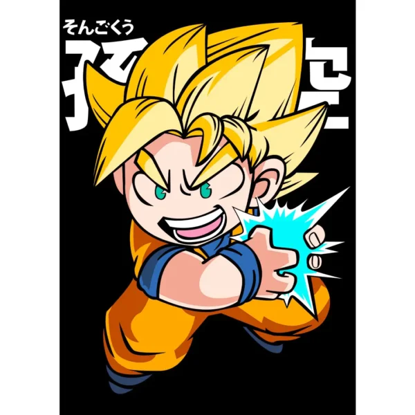 Vector de Goku estilo cartoon para estampado y sublimación en camisetas, sudaderas y más. Diseño en formato AI y PNG con fondo transparente.