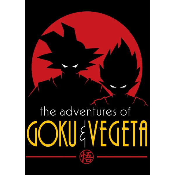 Diseño vectorial de Goku y Vegeta al estilo Gotham en silueta negra con fondo rojo. Ideal para estampados en playeras, sudaderas y productos personalizados.