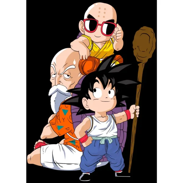 Vector de Goku, Krilin y el Maestro Roshi en formato .AI y .PNG, ideal para estampado en playeras, sudaderas y artículos personalizables. Diseño exclusivo para emprendedores del sector de personalización.