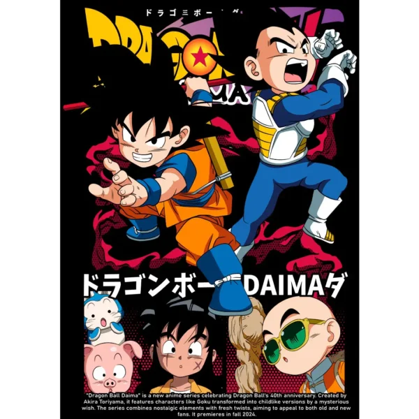 Vector de Dragon Ball Daima en formatos AI y PNG para estampados en playeras y sudaderas. Incluye mockups de camisetas negras con fondo transparente.