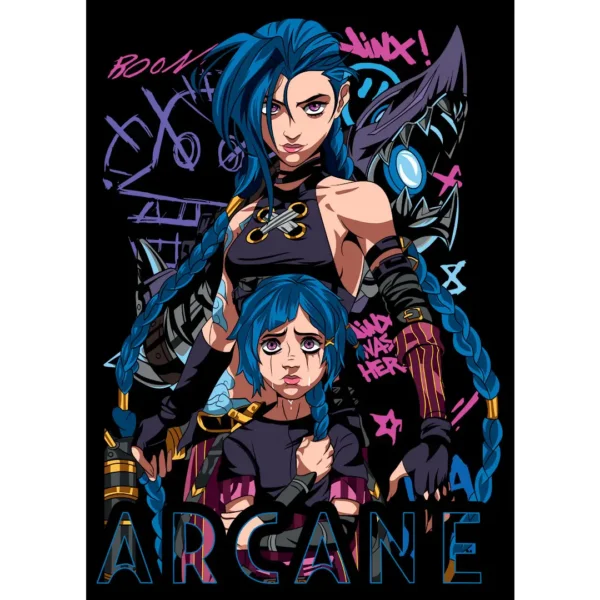 Vector de Jinx - Arcano | Diseño exclusivo en formatos .AI y .PNG , ideal para playeras, sudaderas y productos personalizados . Incluye maquetas en .PNG con fondo transparente . ¡Descárgalo ahora y haz crecer tu negocio de estampados!