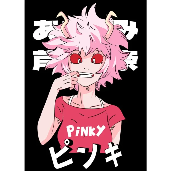 Vector de Mina Ashido 'Pinky' en estilo anime, disponible en formatos .AI y .PNG para estampados en playeras, sudaderas y artículos personalizables. Diseño de alta calidad para emprendedores del sector de personalización."
