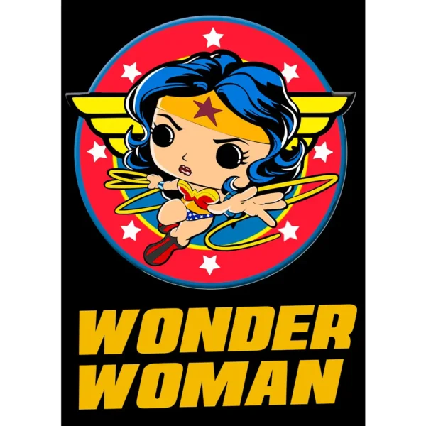Vector de Wonder Woman estilo Funko en alta calidad, disponible en formatos .AI y .PNG, ideal para estampados en playeras, sudaderas y productos personalizados.