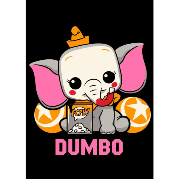 Vector Dumbo estilo Funko en formatos AI y PNG para estampado en playeras, sudaderas y productos personalizados. Diseño adorable y de alta calidad con descarga instantánea.