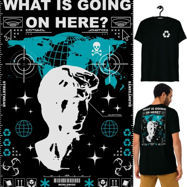 Diseño vectorial estilo streetwear "What Is Going On Here?" para estampados de ropa, incluye mockups en PNG.
