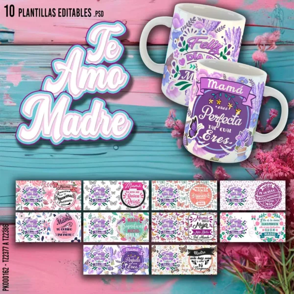 Diseño de taza para sublimar con frase “Te amo madre” en estilo floral – Pack de plantillas editables Día de la Madre en formatos PSD y PNG