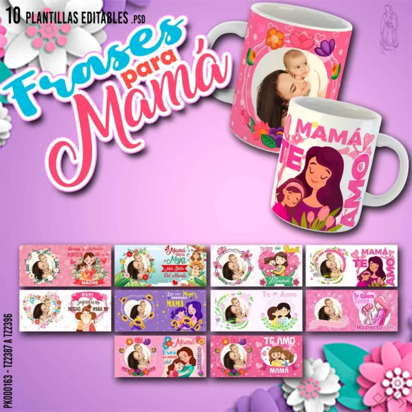 Pack de 10 plantillas editables para sublimar tazas del Día de la Madre, incluye frases emotivas, espacio para fotos, mockups y archivos en PSD y PNG.