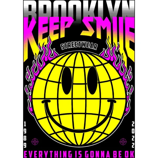 Diseño vectorial estilo streetwear Brooklyn Keep Smile con smiley globe y tipografía urbana para estampados