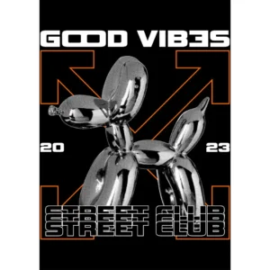 Diseño vectorial estilo streetwear para estampado “Good Vibes Street” con figura metálica y mockups incluidos
