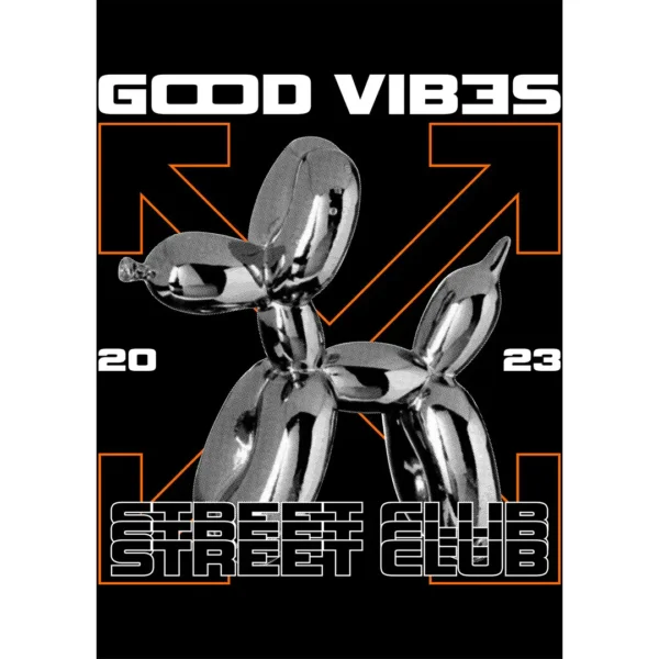 Diseño vectorial estilo streetwear para estampado “Good Vibes Street” con figura metálica y mockups incluidos