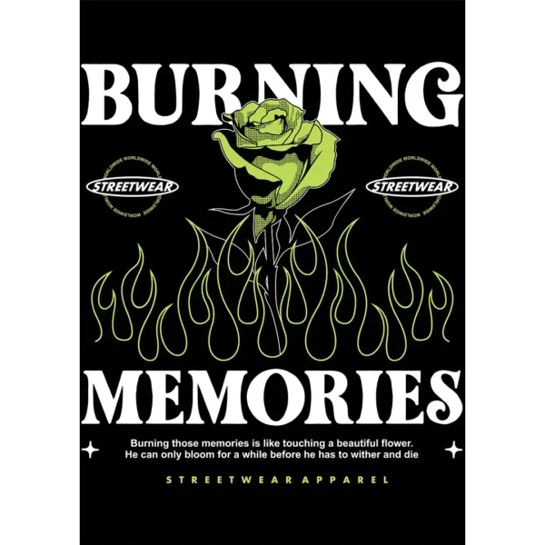 Vector "Burning Memories" estilo streetwear en formato .AI para estampados de playeras y sudaderas.