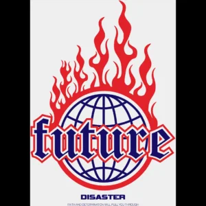 Vector estilo Streetwear “Future Disaster” con globo en llamas y tipografía gótica, ideal para estampados de camisetas y hoodies.