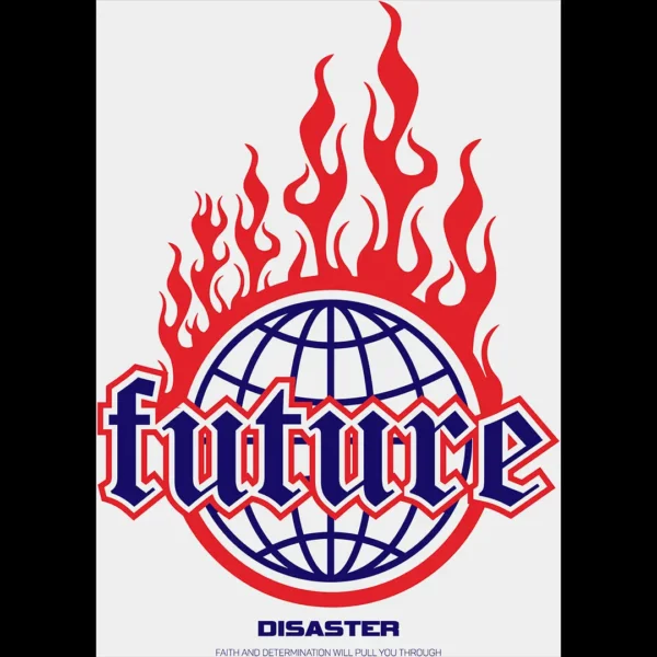 Vector estilo Streetwear “Future Disaster” con globo en llamas y tipografía gótica, ideal para estampados de camisetas y hoodies.