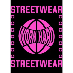 Diseño vectorial estilo streetwear "Work Hard" en rosa sobre fondo negro para estampado en playeras y hoodies.