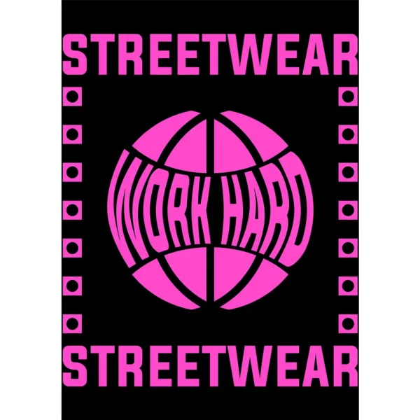 Diseño vectorial estilo streetwear "Work Hard" en rosa sobre fondo negro para estampado en playeras y hoodies.
