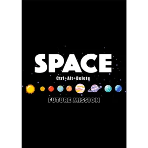 Vector estilo streetwear “Space Future Mission” para estampado en camisetas con temática espacial y planetas, con tipografía moderna y mockup incluido.