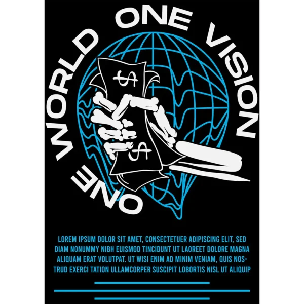 Diseño vectorial estilo streetwear "One World One Vision" para estampado en camisetas y hoodies en formato .AI y mockups PNG
