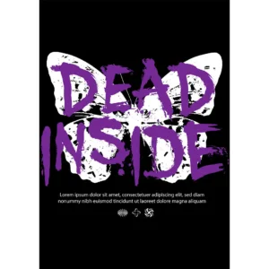 Diseño vectorial streetwear “Dead Inside” en color púrpura sobre mariposa blanca para estampado en playeras negras