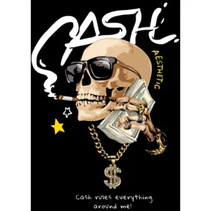Diseño vectorial estilo streetwear “CASH Aesthetic” con calavera, gafas y fajos de billetes para estampados personalizados