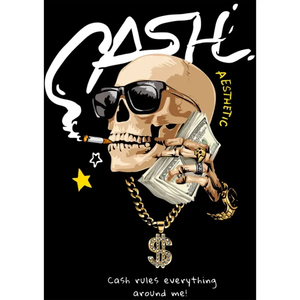 Diseño vectorial estilo streetwear “CASH Aesthetic” con calavera, gafas y fajos de billetes para estampados personalizados